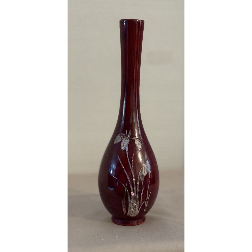 Vintage Asian Flower Vase of Lacquered Wood With Abalone Shell Inlay
